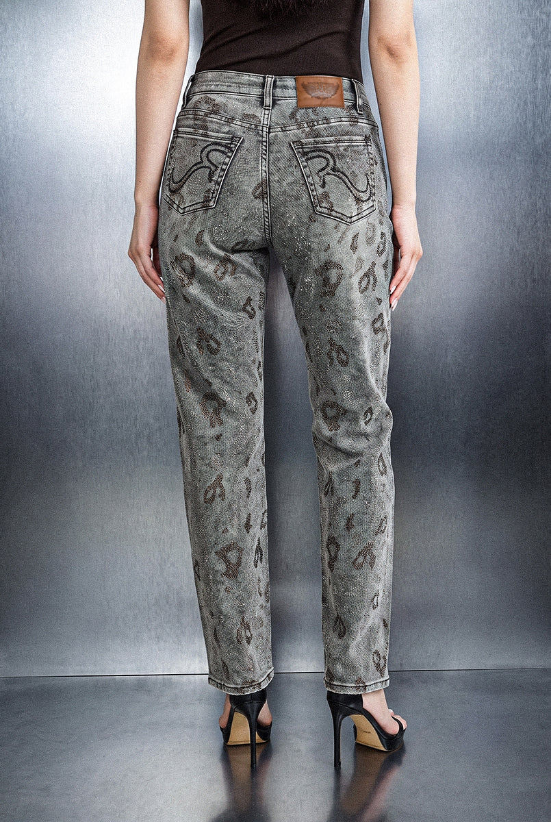 Back full view of Rock & Republic Kaia straight jeans in Grey Denim showing signature back pockets and leather patch.