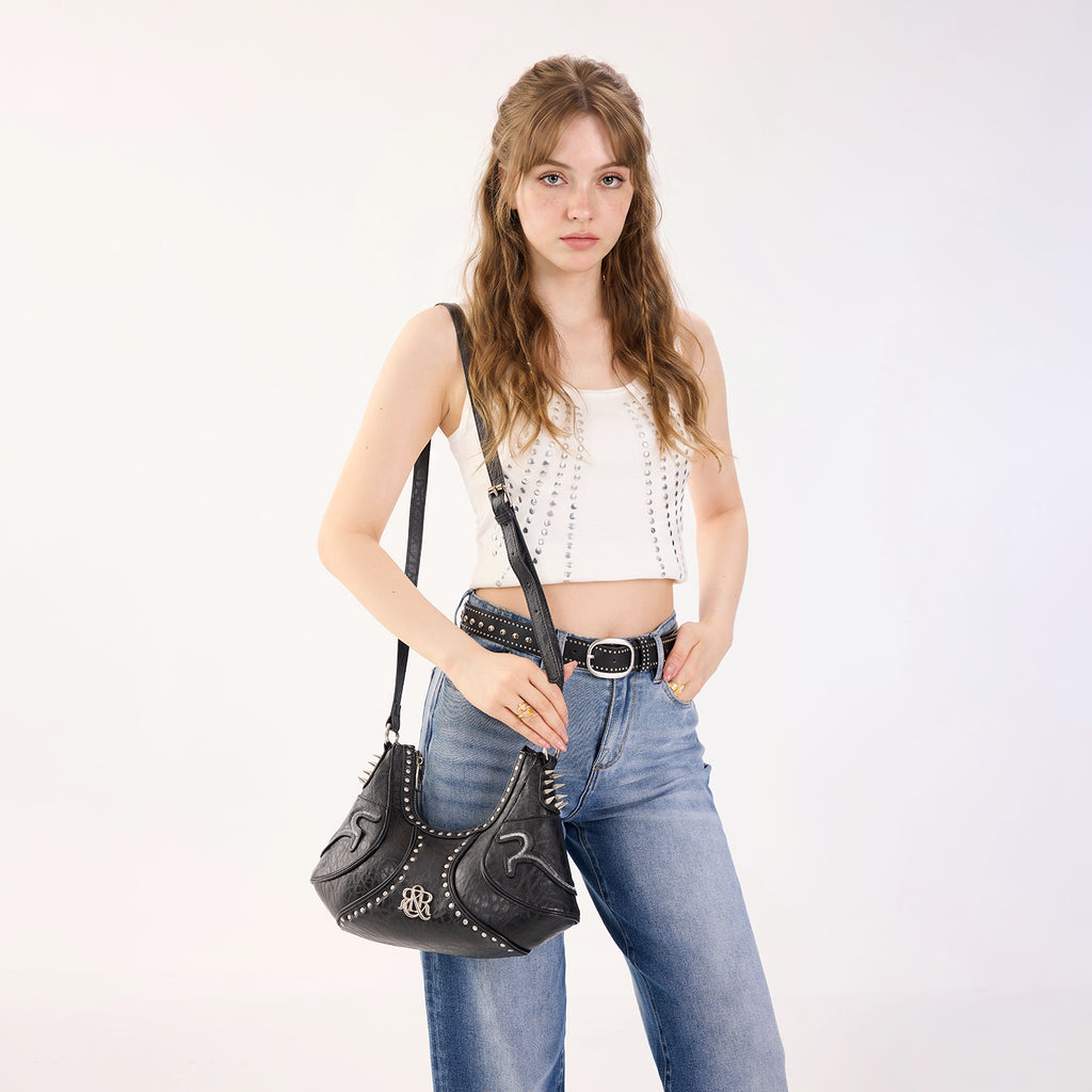 Studded Shoulder Bag with Spiked Hardware and RR Logo Detail