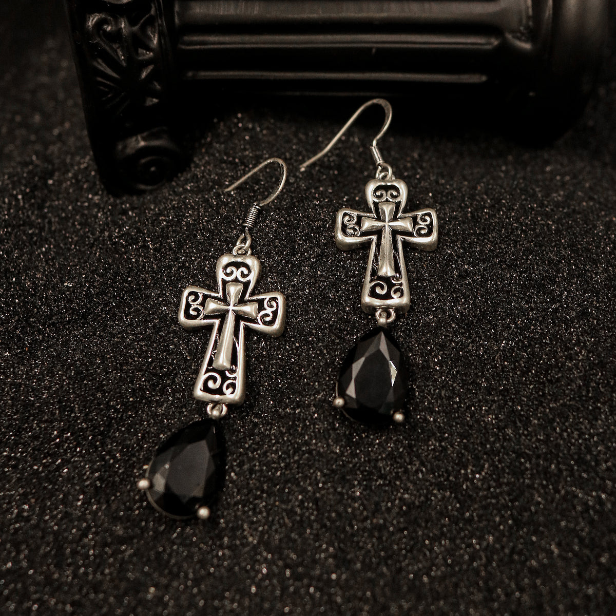 Gothic Cross Drop Earrings with Black Crystal Detail