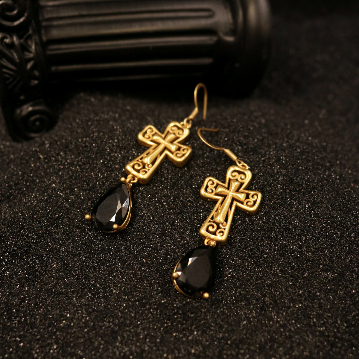 Gothic Cross Drop Earrings with Black Crystal Detail