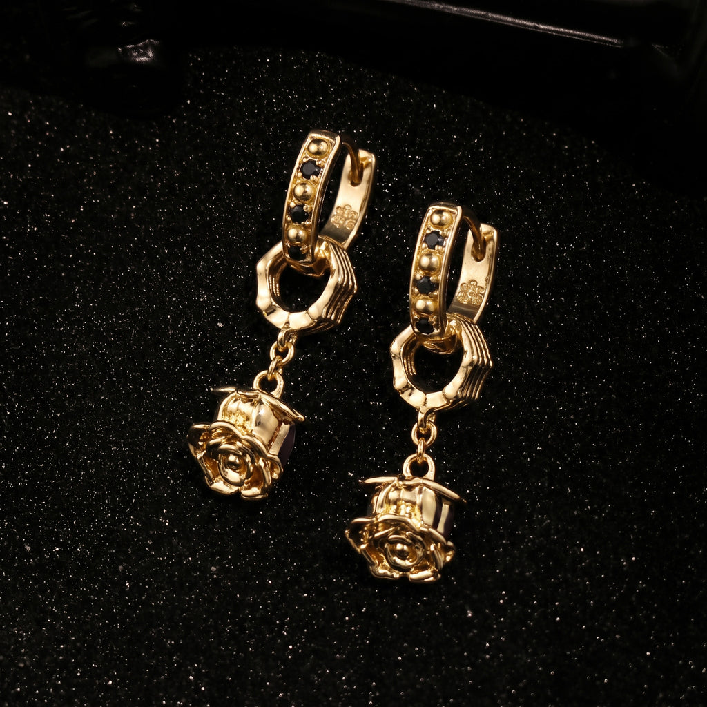 Black Cubic Zirconia Rose Charm Hoop Earrings