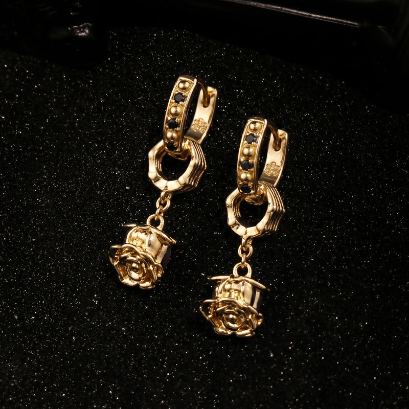 Black Cubic Zirconia Rose Charm Hoop Earrings