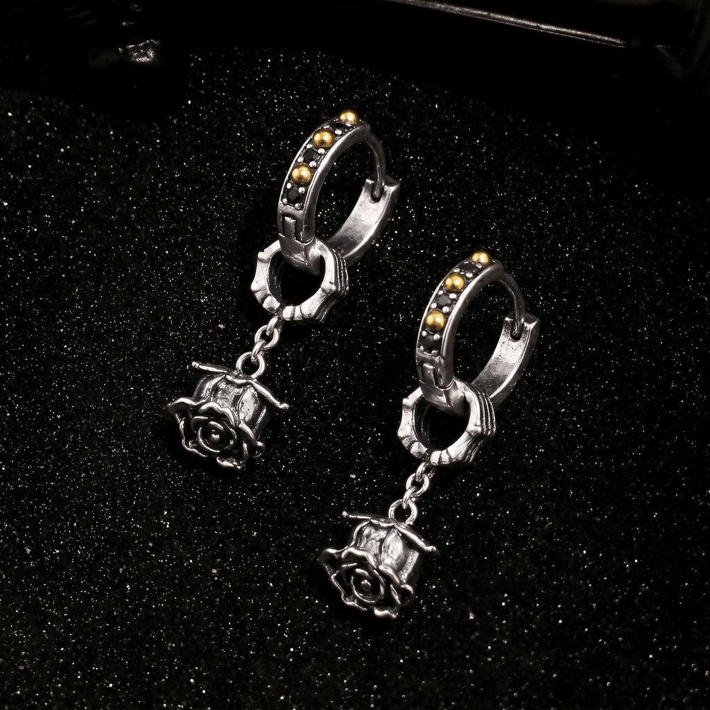 Black Cubic Zirconia Rose Charm Hoop Earrings