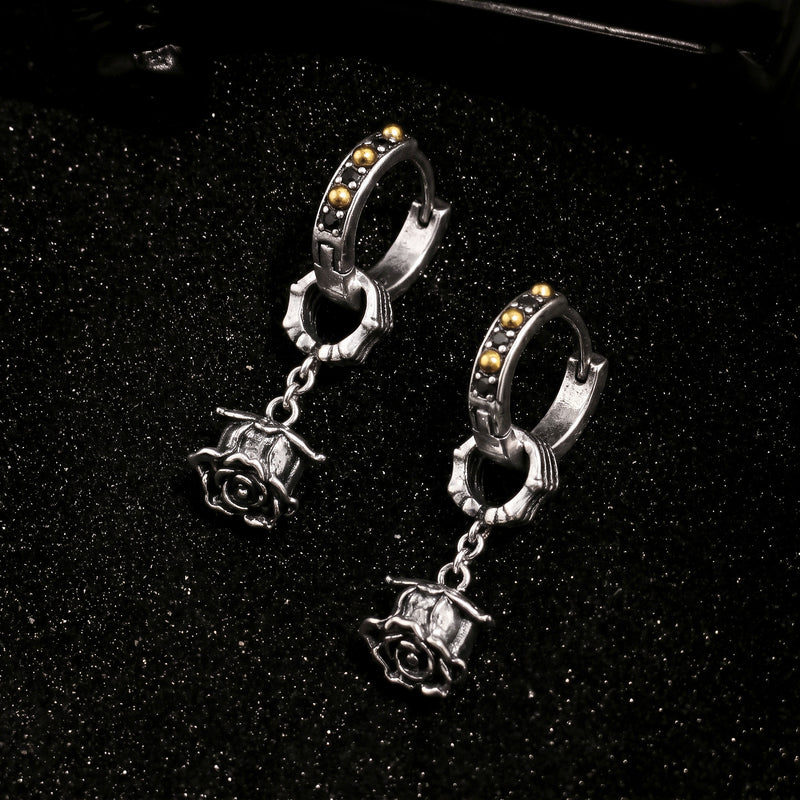Black Cubic Zirconia Rose Charm Hoop Earrings