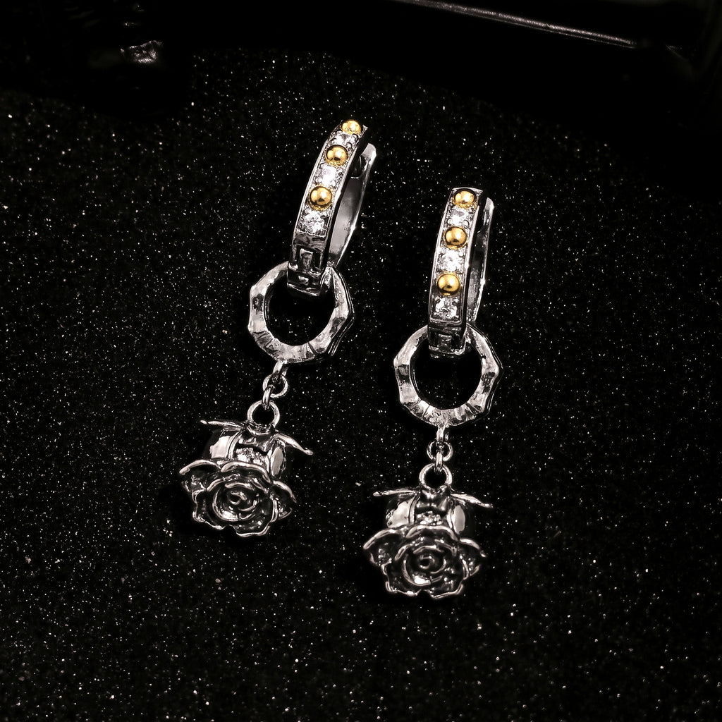 Black Cubic Zirconia Rose Charm Hoop Earrings