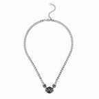 Full view of Rock & Republic Crest Medallion Curb Chain Necklace in Silver displaying heavy curb chain and lobster clasp.