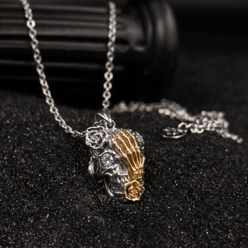 Gilded Rose Skull Pendant Necklace