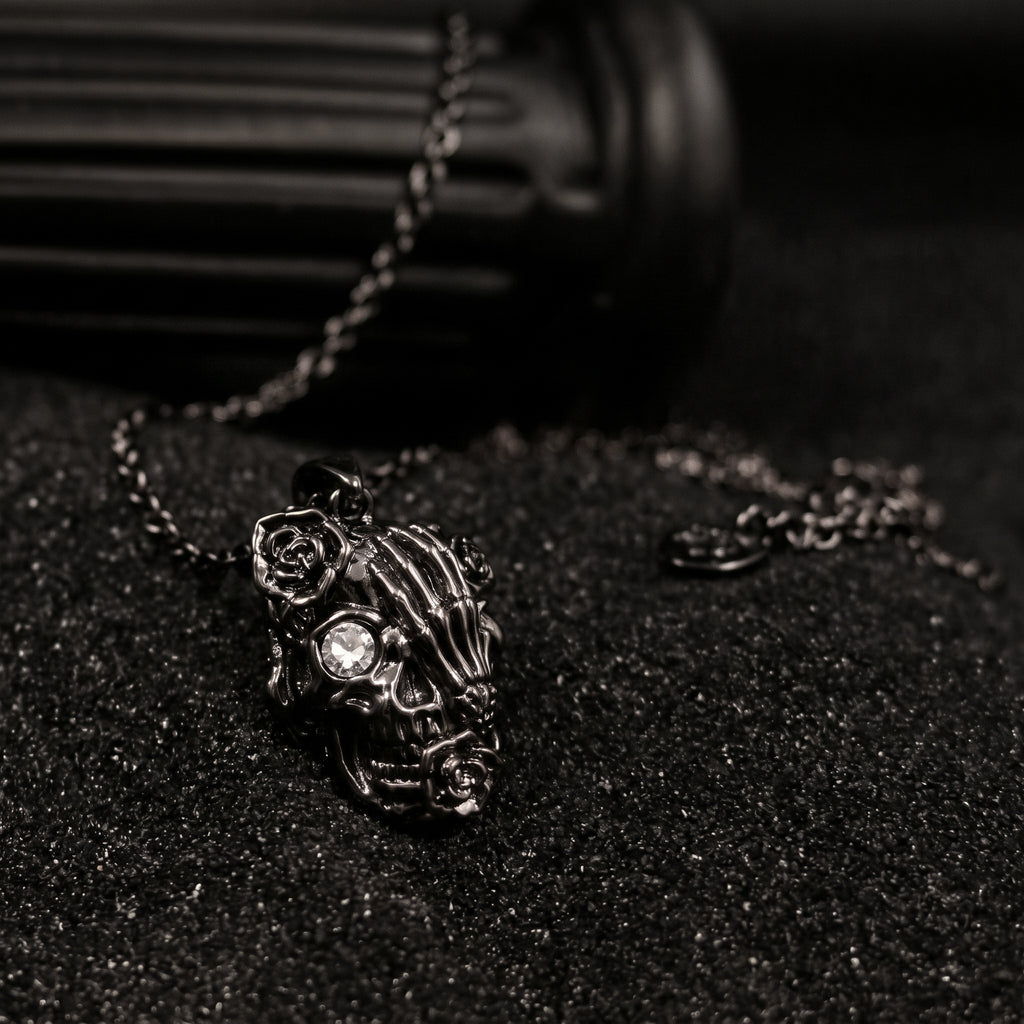 Gilded Rose Skull Pendant Necklace