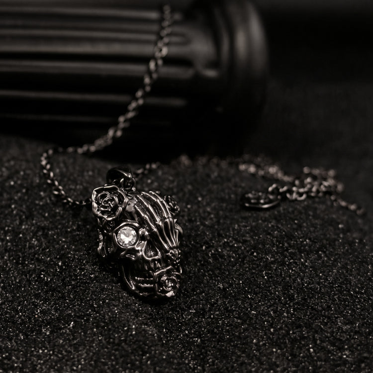 Gilded Rose Skull Pendant Necklace