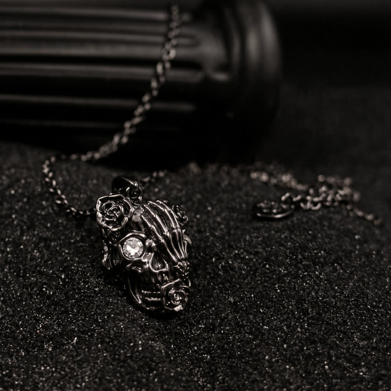 Gilded Rose Skull Pendant Necklace