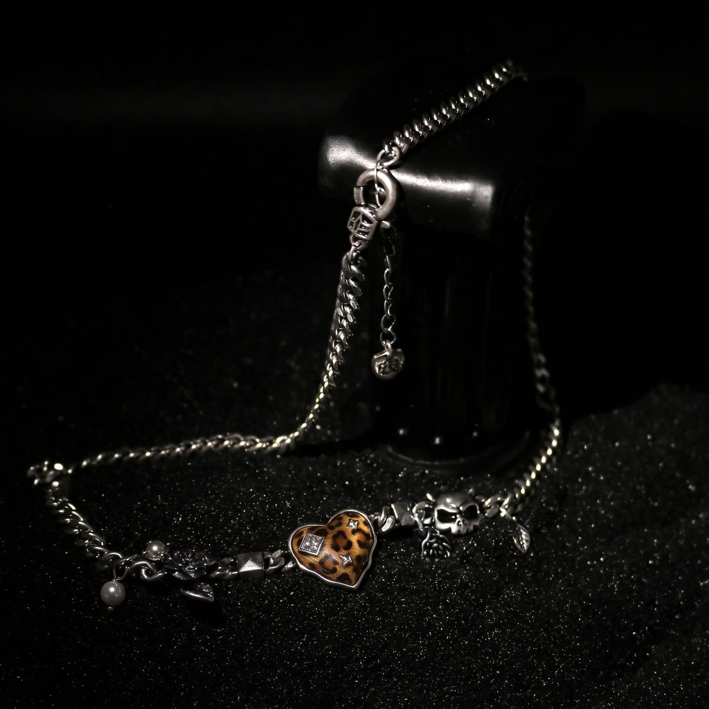 Leopard Heart Skull Charm Chain Necklace