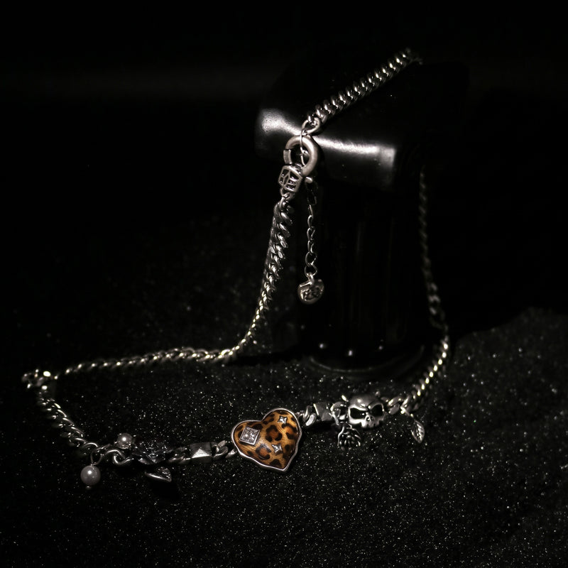 Leopard Heart Skull Charm Chain Necklace