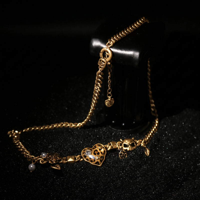 Leopard Heart Skull Charm Chain Necklace