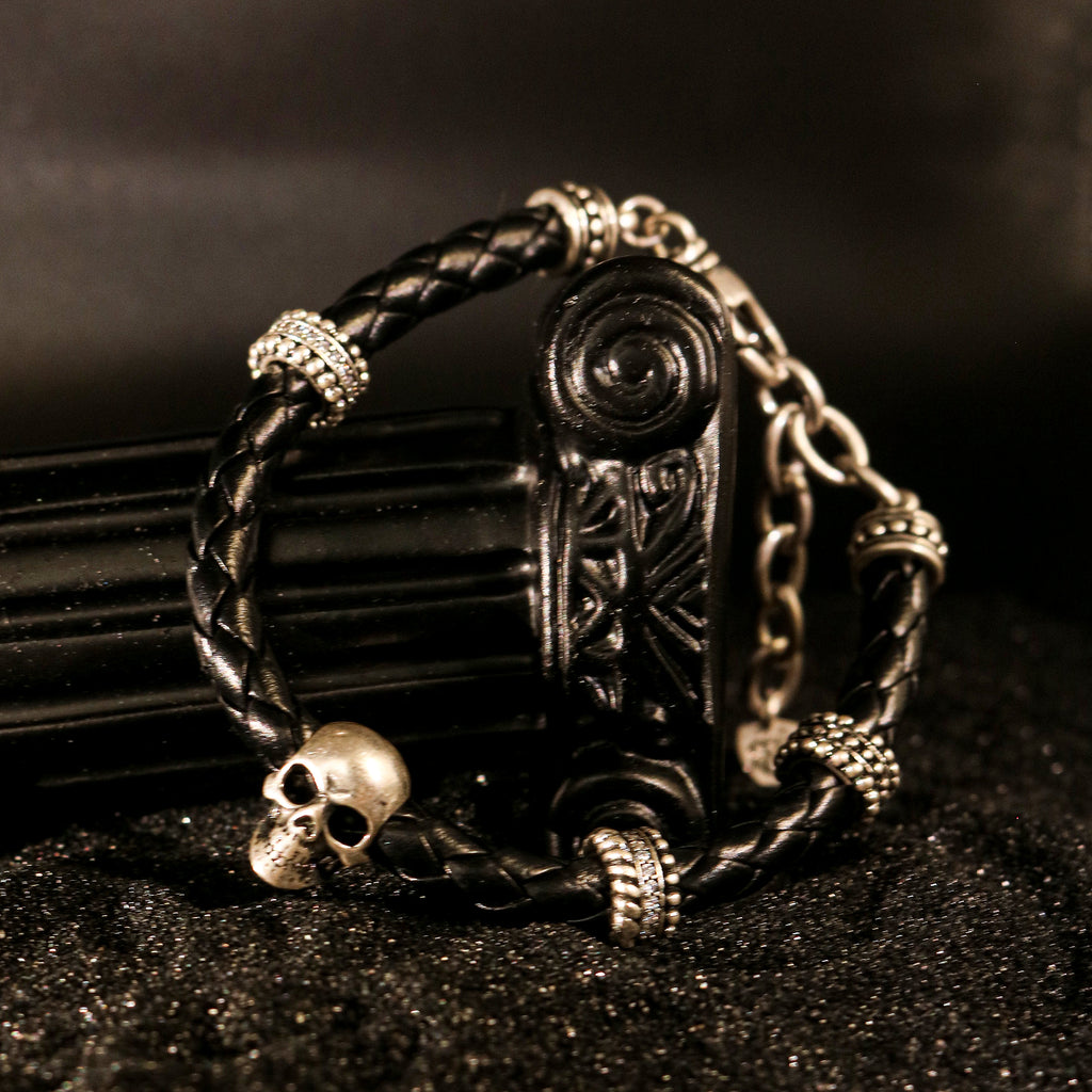 Skull Braided Leather Wristband
