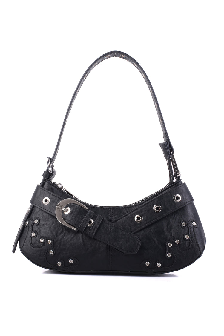 Rock & Republic Crystal Wave Baguette Shoulder Bag in Black PU with crystal wave trim and sleek baguette shape.