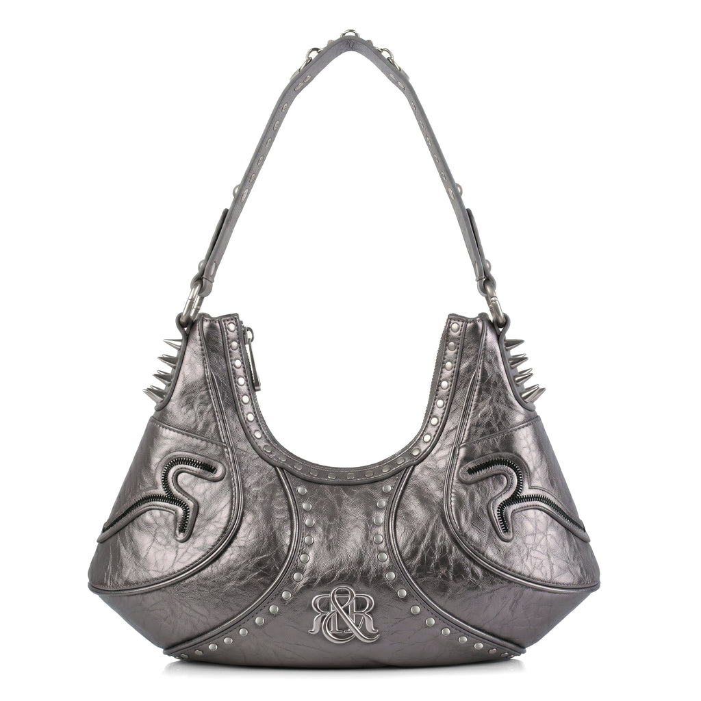 Studded Shoulder Bag with Spiked Hardware and RR Logo Detail