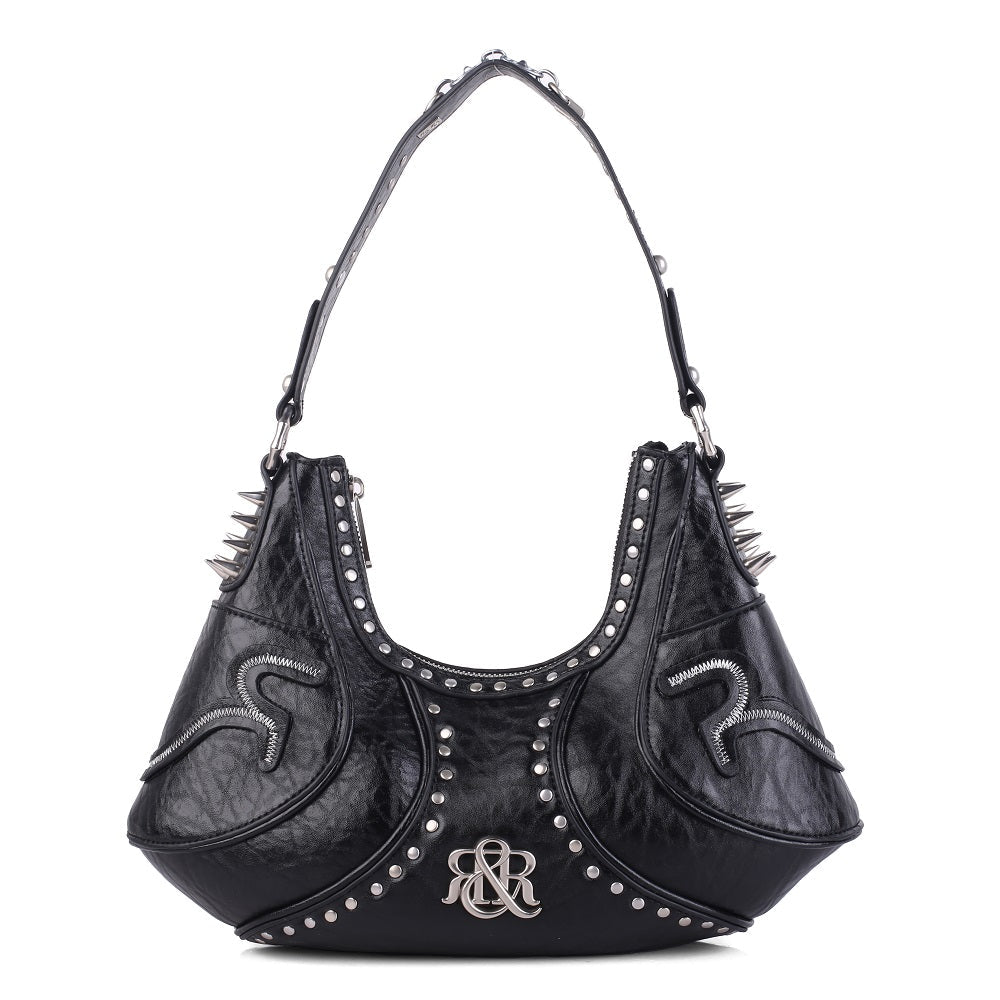 Studded Shoulder Bag with Spiked Hardware and RR Logo Detail