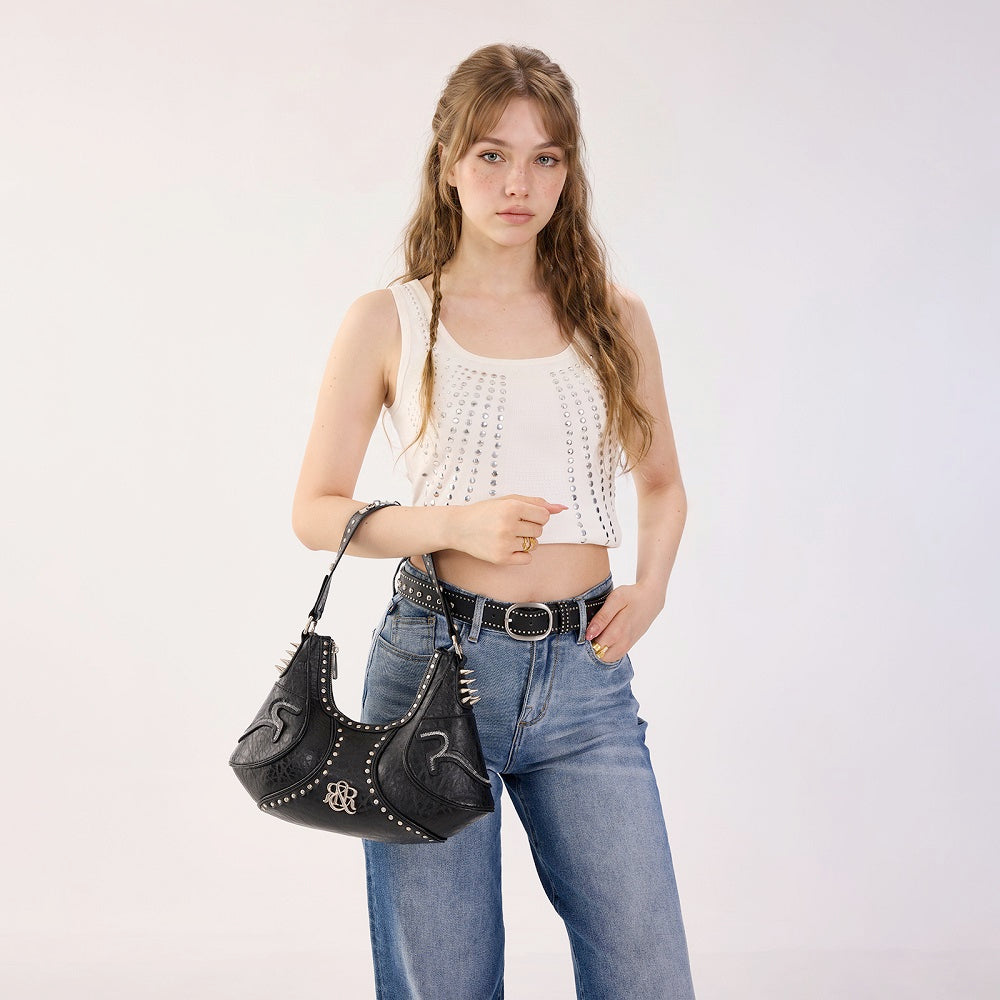 Studded Shoulder Bag with Spiked Hardware and RR Logo Detail