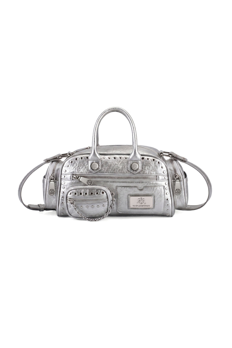 Rock & Republic Studded Mini Boston Bag in Silver PU leather with chain pouch, studs and structured boston silhouette.