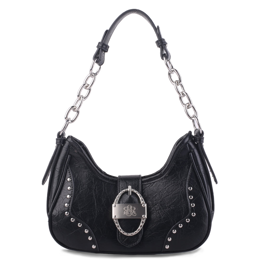 Studded Ruched Hobo Shoulder Bag with Chain Strap