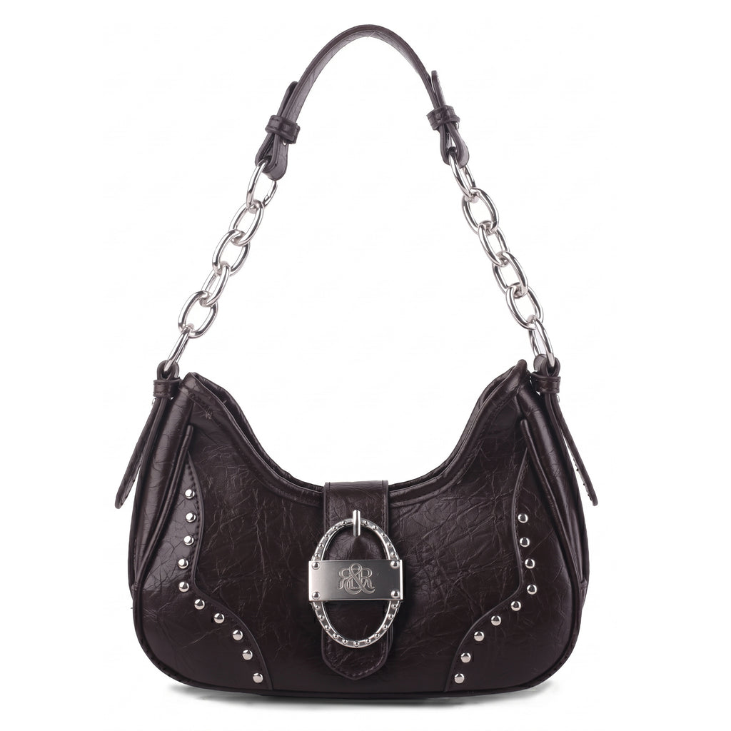 Studded Ruched Hobo Shoulder Bag with Chain Strap