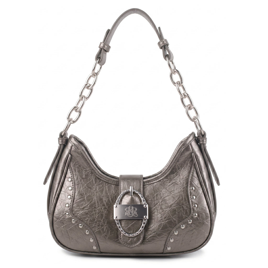 Studded Ruched Hobo Shoulder Bag with Chain Strap