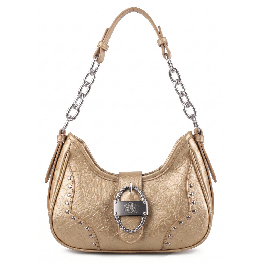 Studded Ruched Hobo Shoulder Bag with Chain Strap