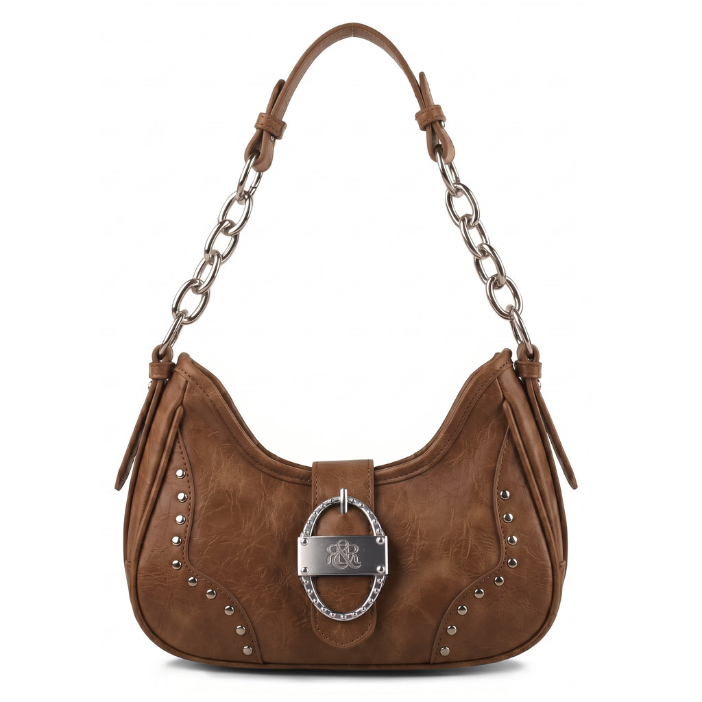 Studded Ruched Hobo Shoulder Bag with Chain Strap