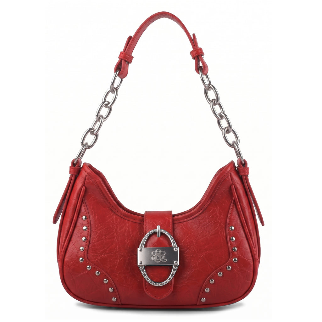 Studded Ruched Hobo Shoulder Bag with Chain Strap