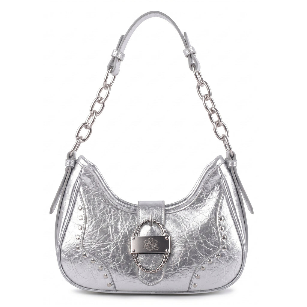 Studded Ruched Hobo Shoulder Bag with Chain Strap