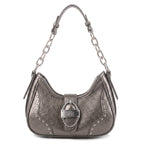 Rock & Republic Studded Ruched Hobo Shoulder Bag in Antique Silver PU with silver chain and studded hobo silhouette.