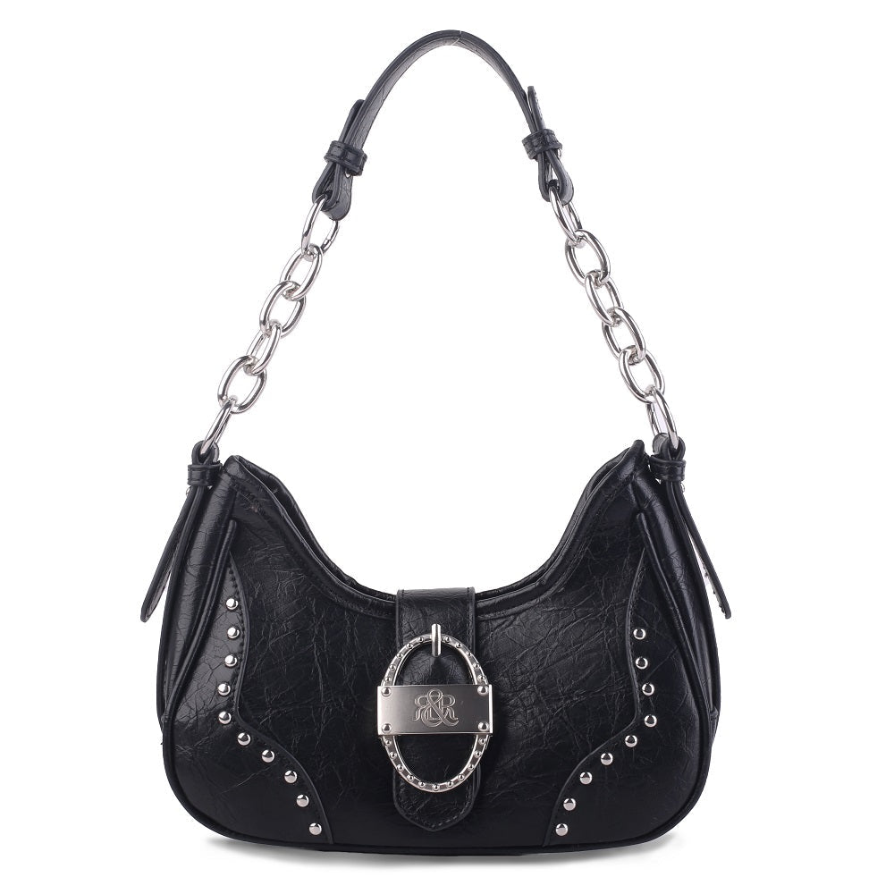 Rivet Hobo Shoulder Bag with R&R Buckle and Chain Strap