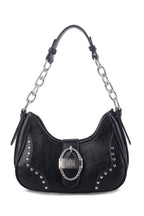 Rock & Republic Studded Ruched Hobo Shoulder Bag in Black PU with chain strap, metal RR buckle and sleek hobo shape.