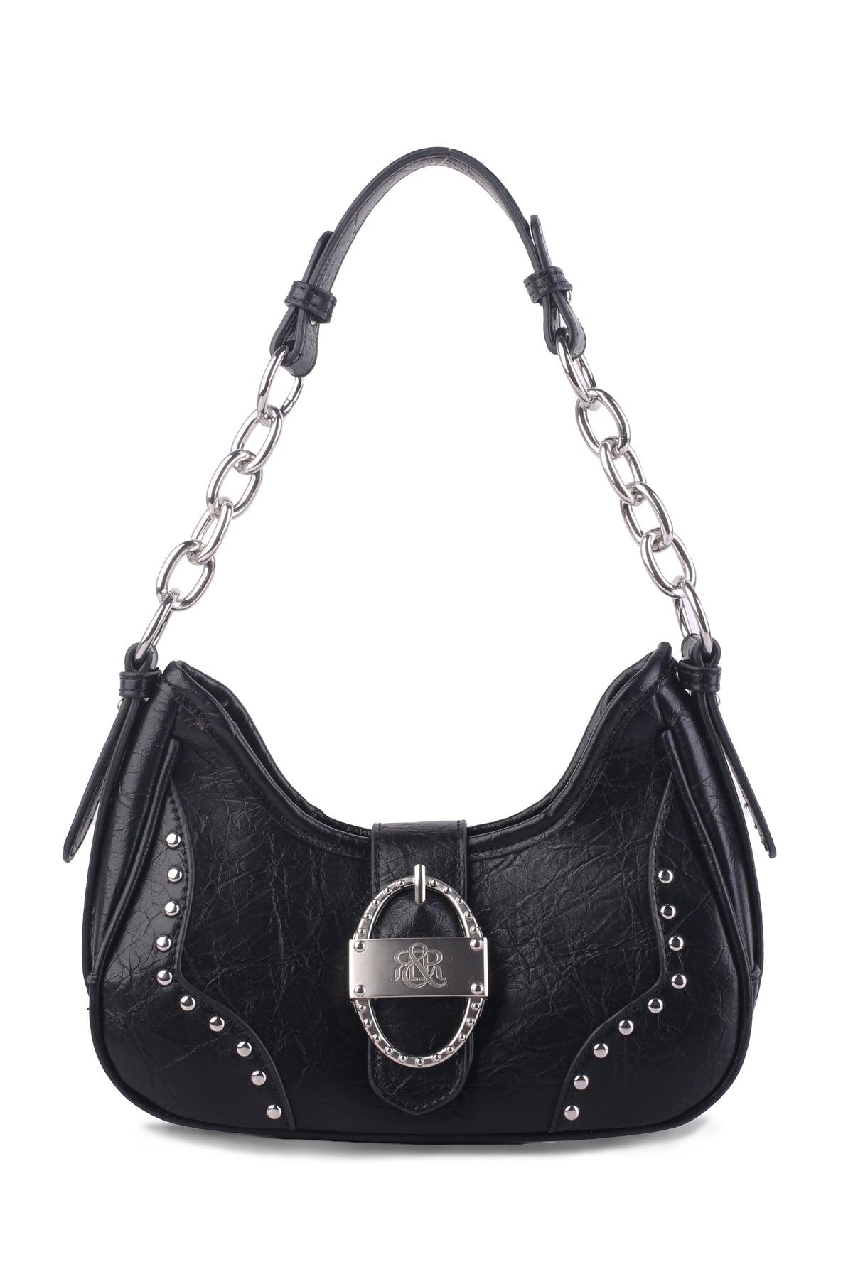 Rock & Republic Studded Ruched Hobo Shoulder Bag in Black PU with chain strap, metal RR buckle and sleek hobo shape.