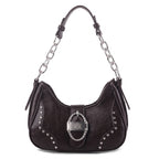 Rock & Republic Studded Ruched Hobo Shoulder Bag in Brown PU leather with silver chain strap and studded hobo shape.