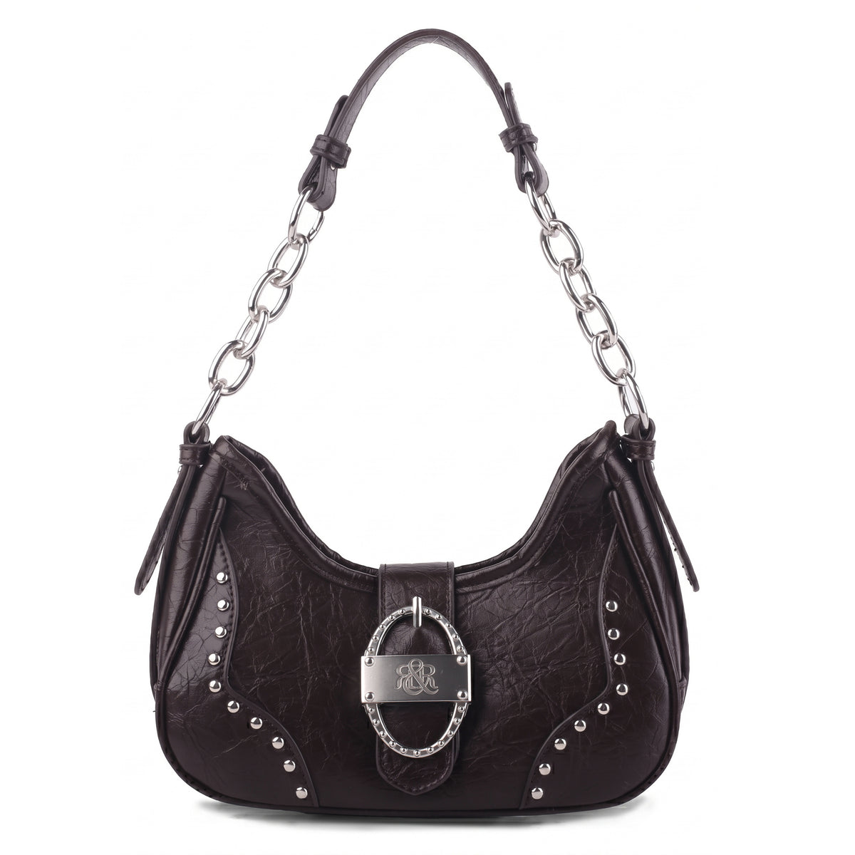 Rock & Republic Studded Ruched Hobo Shoulder Bag in Brown PU leather with silver chain strap and studded hobo shape.