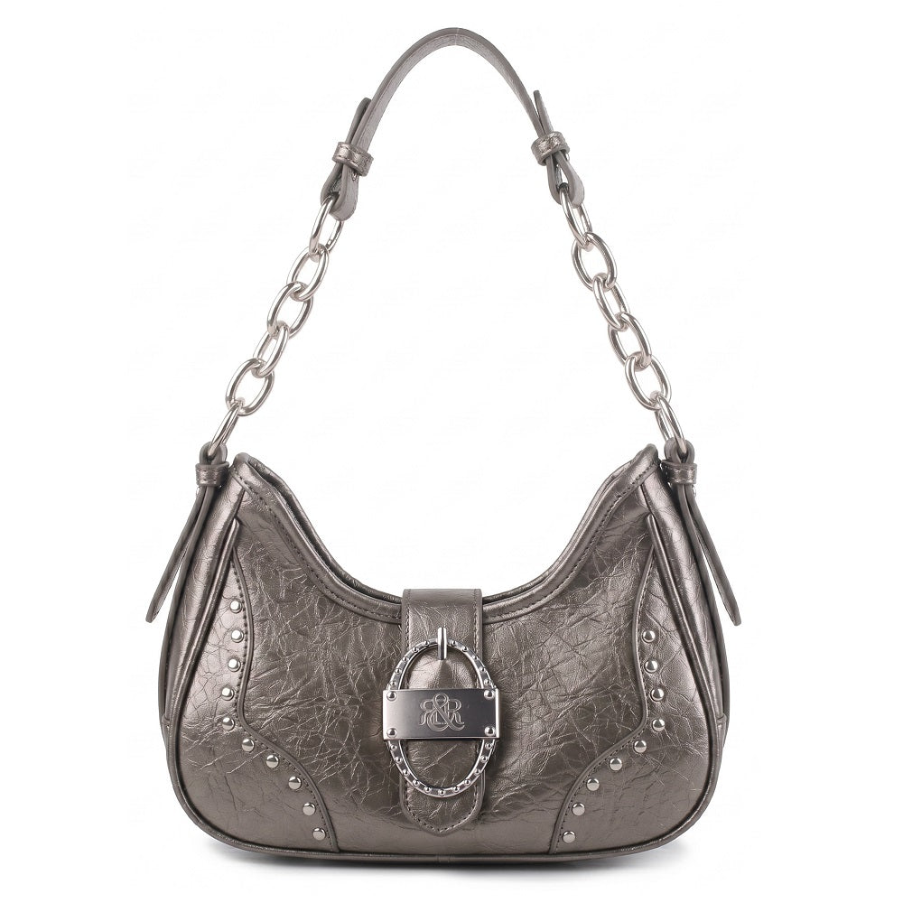 Rivet Hobo Shoulder Bag with R&R Buckle and Chain Strap
