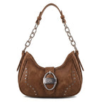 Rock & Republic Studded Ruched Hobo Shoulder Bag in Coffee PU leather with silver chain strap and studded hobo shape.