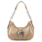 Rock & Republic Studded Ruched Hobo Shoulder Bag in Gold metallic PU with silver chain strap and studded hobo shape.