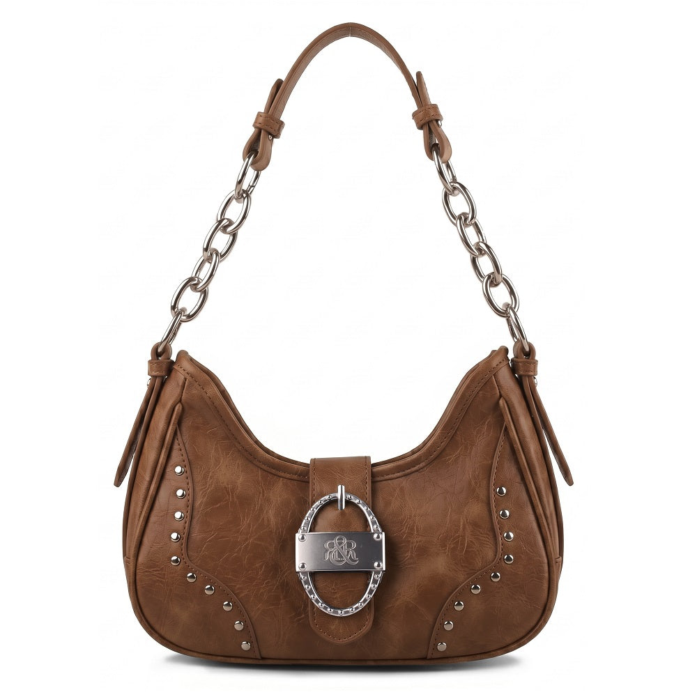 Rivet Hobo Shoulder Bag with R&R Buckle and Chain Strap