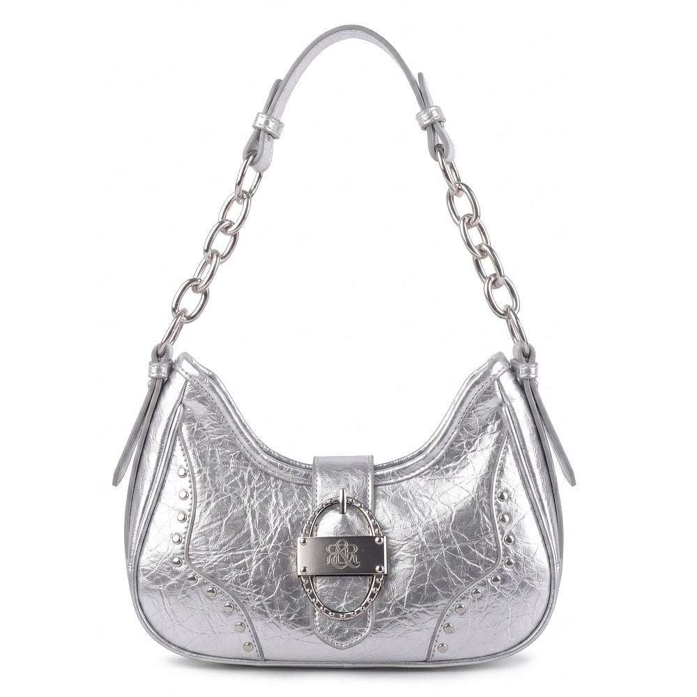 Rivet Hobo Shoulder Bag with R&R Buckle and Chain Strap