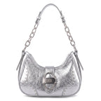 Rock & Republic Studded Ruched Hobo Shoulder Bag in Silver metallic PU with chain strap and studded hobo silhouette.