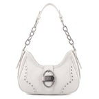 Rock & Republic Studded Ruched Hobo Shoulder Bag in White PU leather with silver chain strap and studded hobo shape.