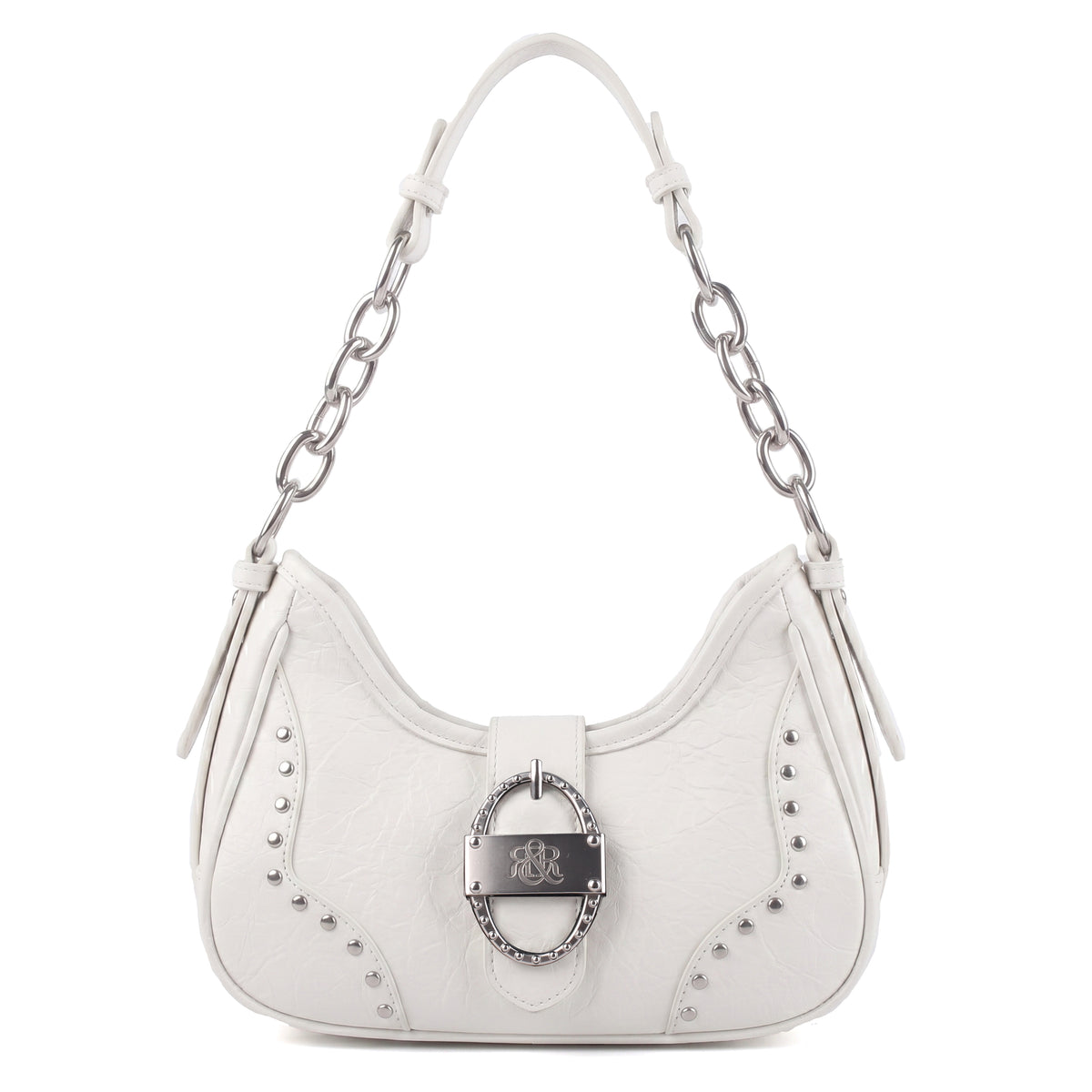 Rock & Republic Studded Ruched Hobo Shoulder Bag in White PU leather with silver chain strap and studded hobo shape.