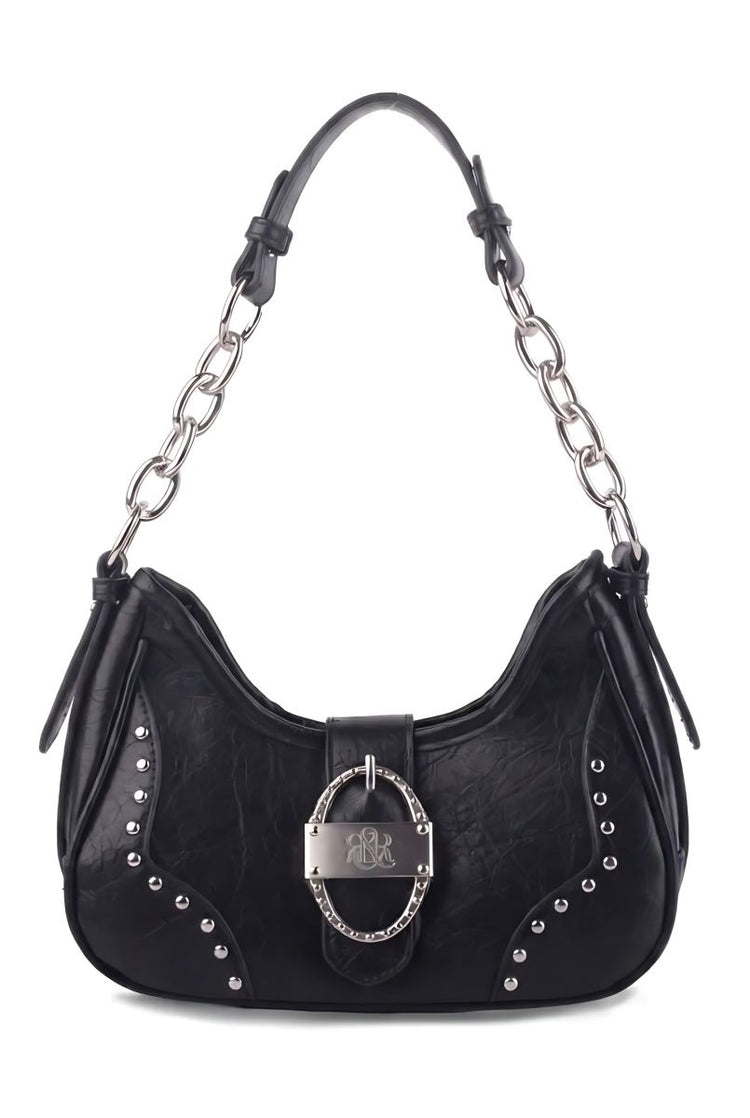 Studded Ruched Hobo Shoulder Bag with Chain Strap