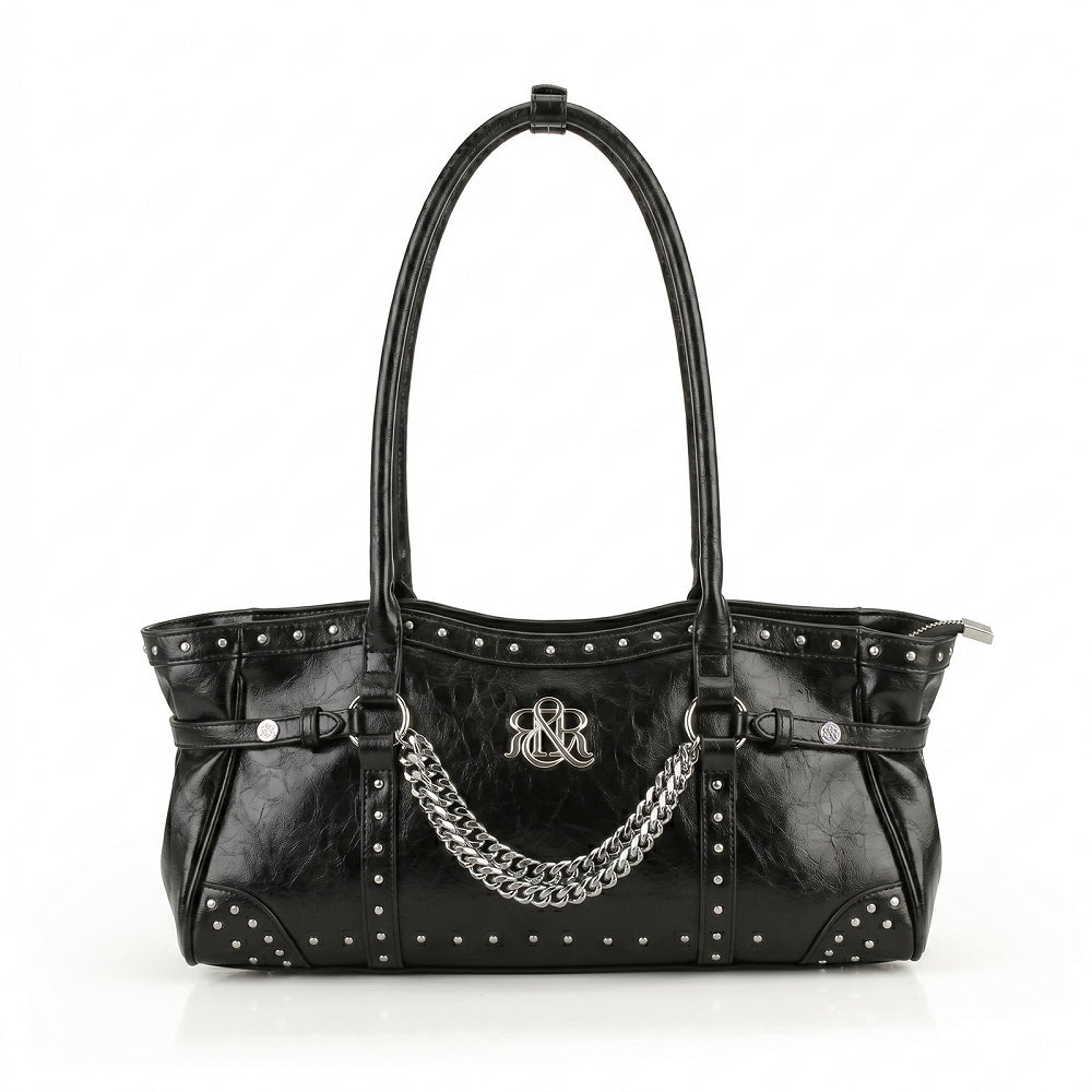 Studded Shoulder Bag with Draped Chain and RR Logo Hardware