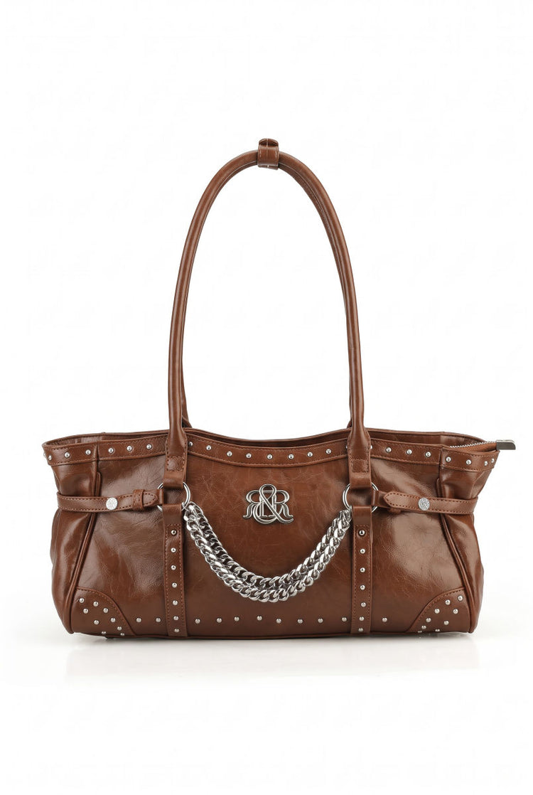 Studded Shoulder Bag with Draped Chain and RR Logo Hardware
