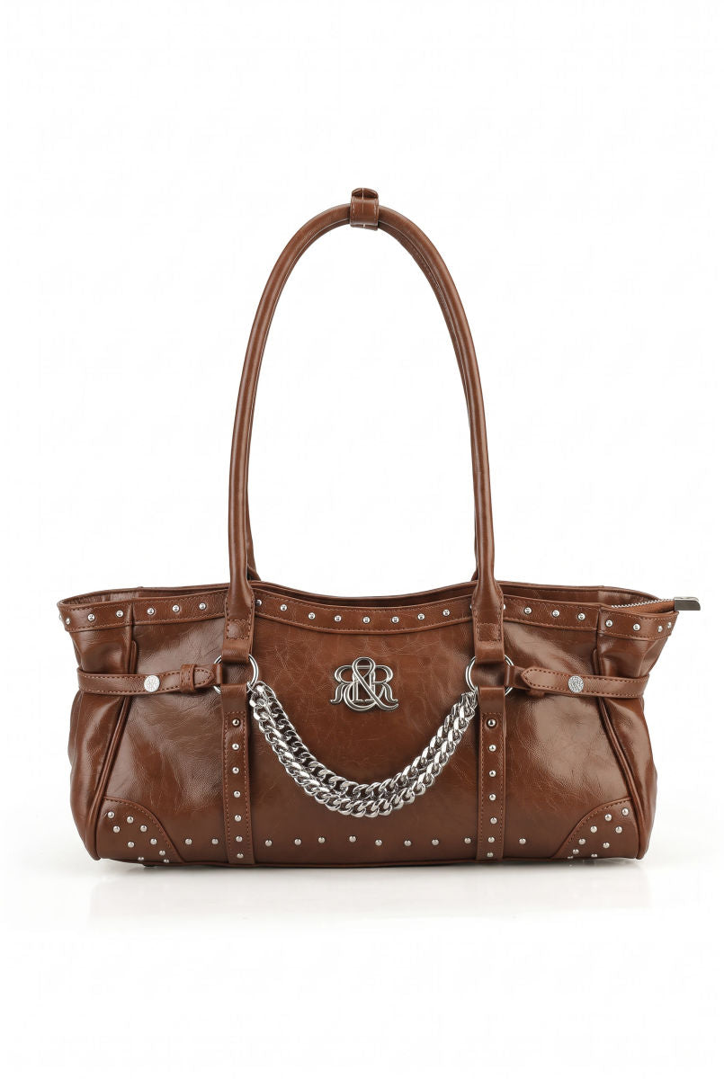 Studded Shoulder Bag with Draped Chain and RR Logo Hardware