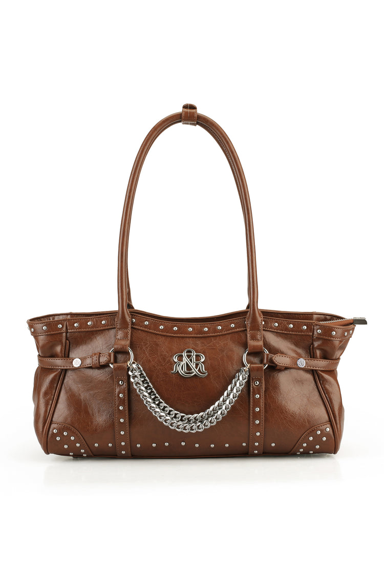 Rock & Republic Studded Draped Chain Shoulder Bag in Dark Brown PU with draped chain and structured boston silhouette.