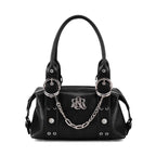 Rock & Republic Chain Detail Satchel Handbag in Black PU leather with a draped chain and structured satchel silhouette.